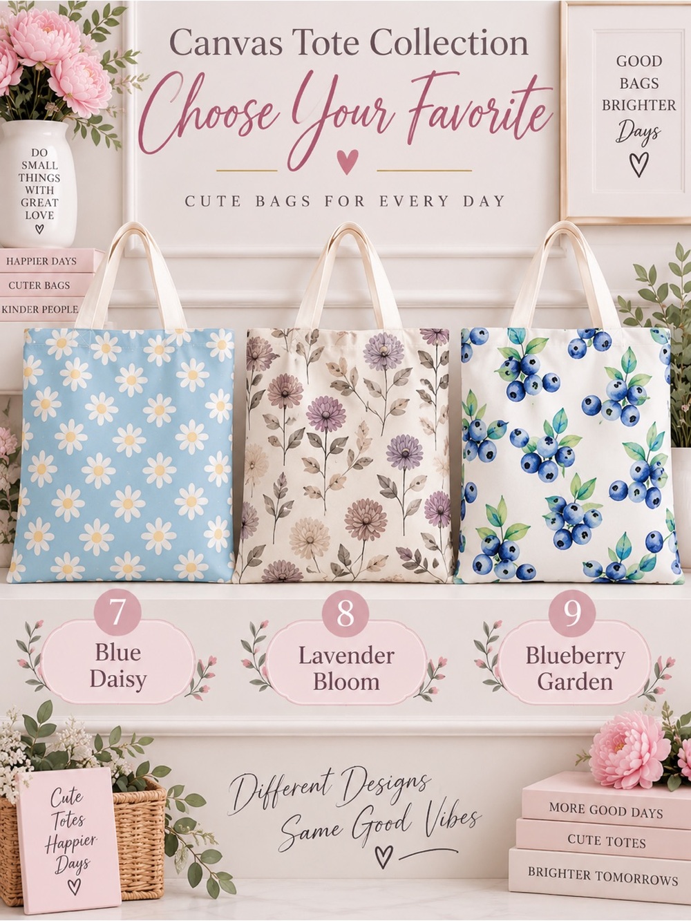 Canvas Tote Bag Cute Reusable Shopping Bag Floral Heart Cat Daisy- Choose 1 - Picture 4 of 6
